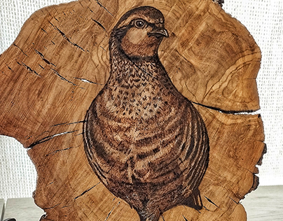 Perdiz en madera de olivo hecha con pirografía