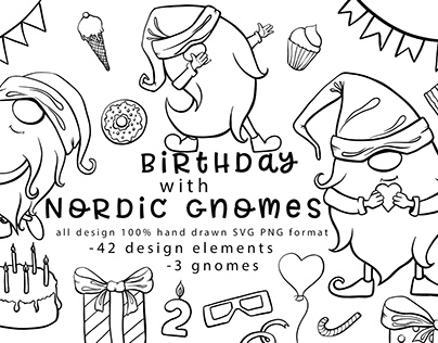 Birthday with nordic gnomes100% hand-drawn