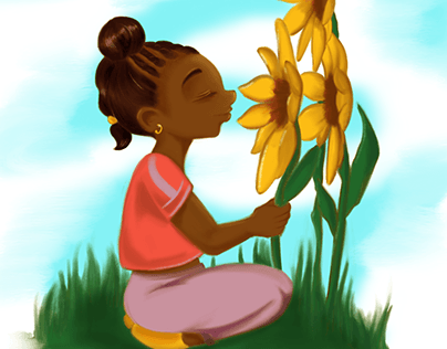 Young Black Children, Sunflowers, Butterflies, Moon