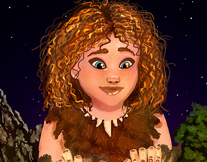A prehistoric neanderthal girl watching the night fire