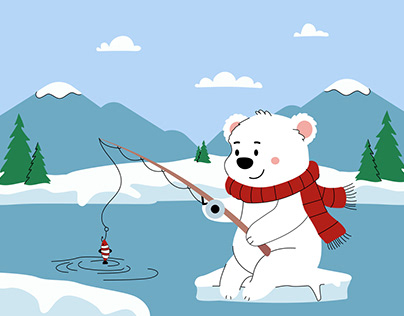 Free Cute Polar Bear Ice Fishing Illustration
