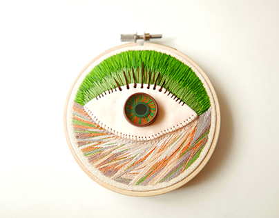 3D hand embroidered hoop with polymer clay eye