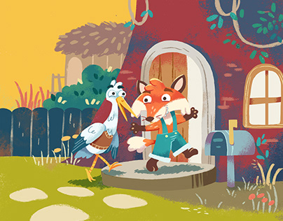 Fox and Stork children illustration