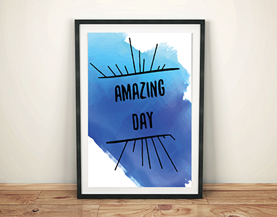 Print with "Amazing Day" and background with blue blob.