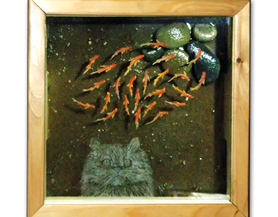 Greedy Cat and the Fish Glass Engraving