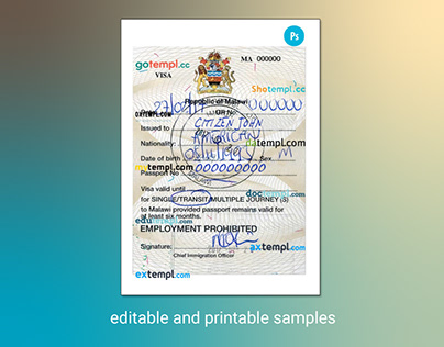 MALAWI travel visa template in PSD format