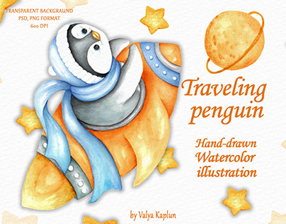 Traveling penguin. Watercolor illustratio.