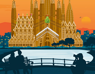 BARCELONA SAGRADA FAMILIA Retro Travel Poster