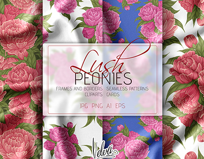 Vector set of patterns and cliparts Lush peonies