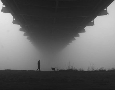 Woman and  dog in the fog
