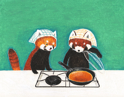 Lesser panda cooks pancakes