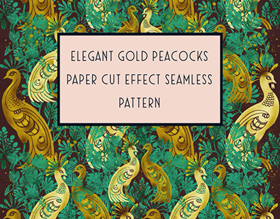 Golden paper cut effect peacocks textile pattern