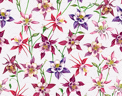 Watercolor columbine flowers seamless pattern