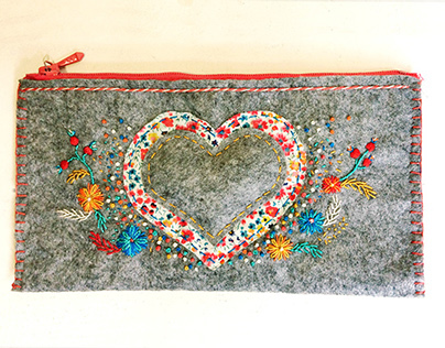 Heart embroidered felt pouch 