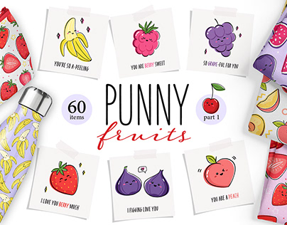 Punny Fruits - patterns and cards with kawaii fruits