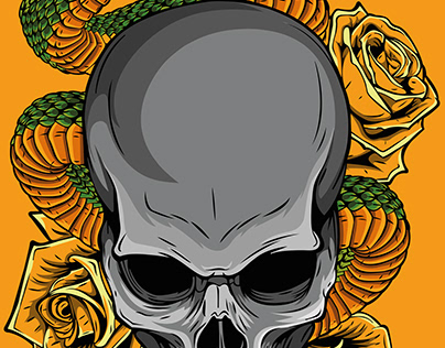 Illustration Serpent et tête de mort ornés de roses