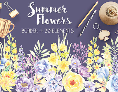 Border of summer flowers in watercolor