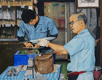Watercolor painting - Japanese knife maker