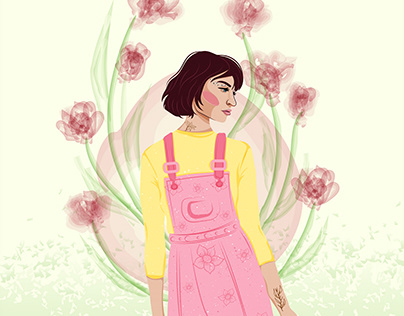 girl with a bob haircut in a pink overalls