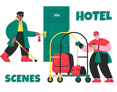 Hotel scenes. Diversity illustrations for Canva