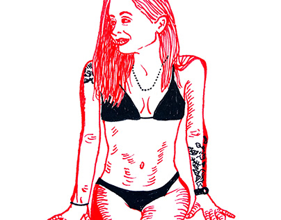 Dibujo de chica en bikini con finepen rojo y negro