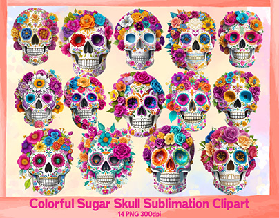Colorful Sugar Skull Sublimation Clipart PNG