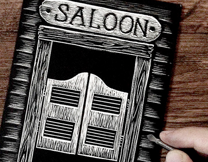 Saloon Doors Scratchboard Illustration