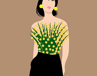 Stylish woman with flowers, vector cartoon illustration