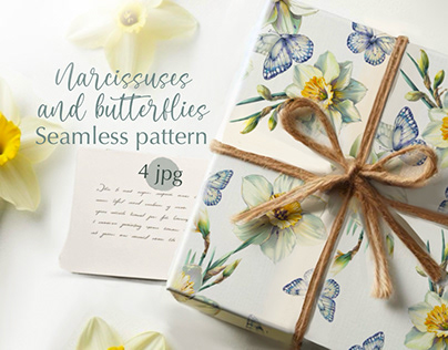 Narcissuses and butterflies seamless pattern