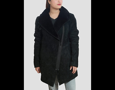Debra Womens Shearling Black Coat with Belted Collar