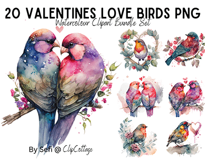 20 Valentines Love Birds Watercolour PNG Bundle Set