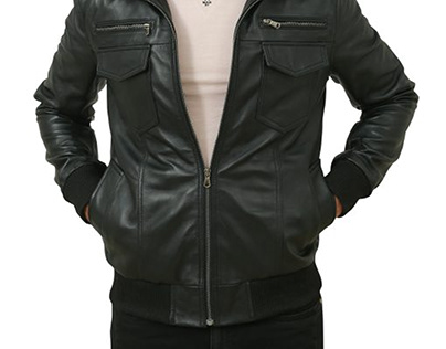 Men Black Bomber Leather Jacket With Shearling Collar