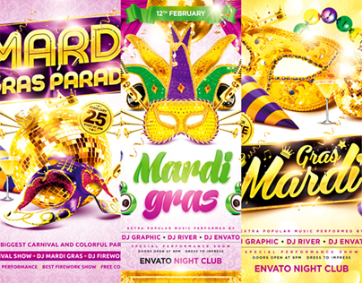 Mardi Gras Party Flyer Bundle, PSD Template
