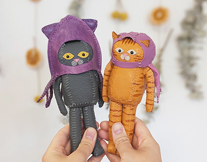 Leather handmade cat dolls with sea creature hats
