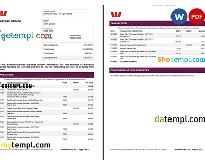 Australia Westpac bank statement Word and PDF template