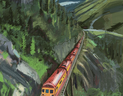 Red train through mountains