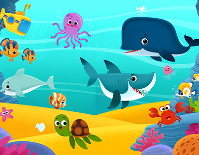 cartoon fishs, turtles, sharks and Octopus in the sea