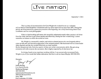 Livenation Letter of Recommendation