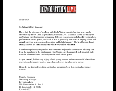 Revolution Live! Letter of Recommendation