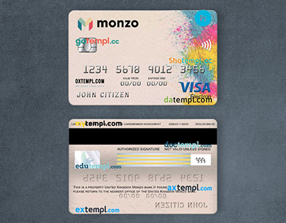 United Kingdom Monzo bank visa electron card template