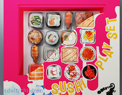 Toy food packaging set consist of sushi and rolls