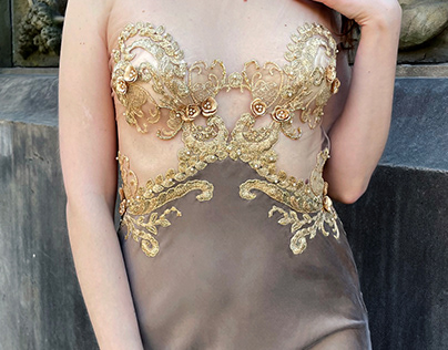 Taupe Silk Charmeuse Gown with Embroidery Applique
