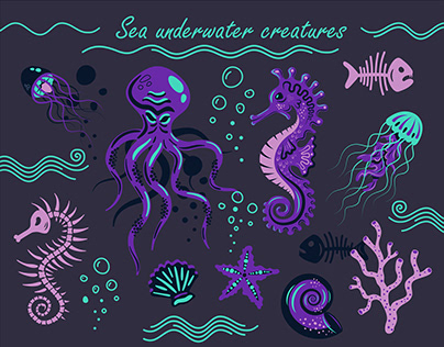 Vector illustrations: sea underwater creatures
