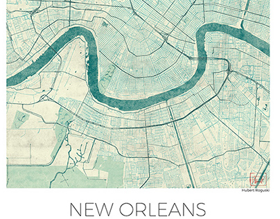 New Orleans, US. Blue vintage watercolor