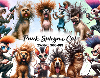 Punk Sphynx Cat Watercolor Clipart