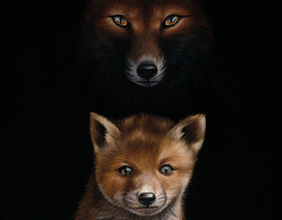 Portrait of a fox and cub