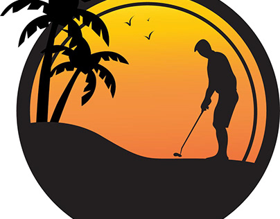 Beach side ,sunset Golf playing man silhouette logo.