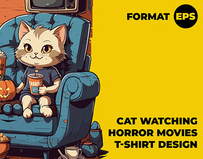 Cat Watching Horror Movies T-Shirt Design