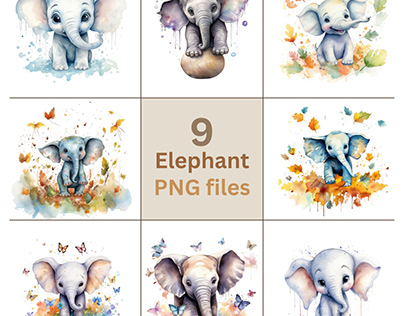Watercolor Elephant Clipart Bundle