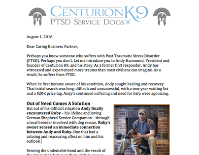 Sponsorship Letter - Centurion K9 PTSD Dog Services